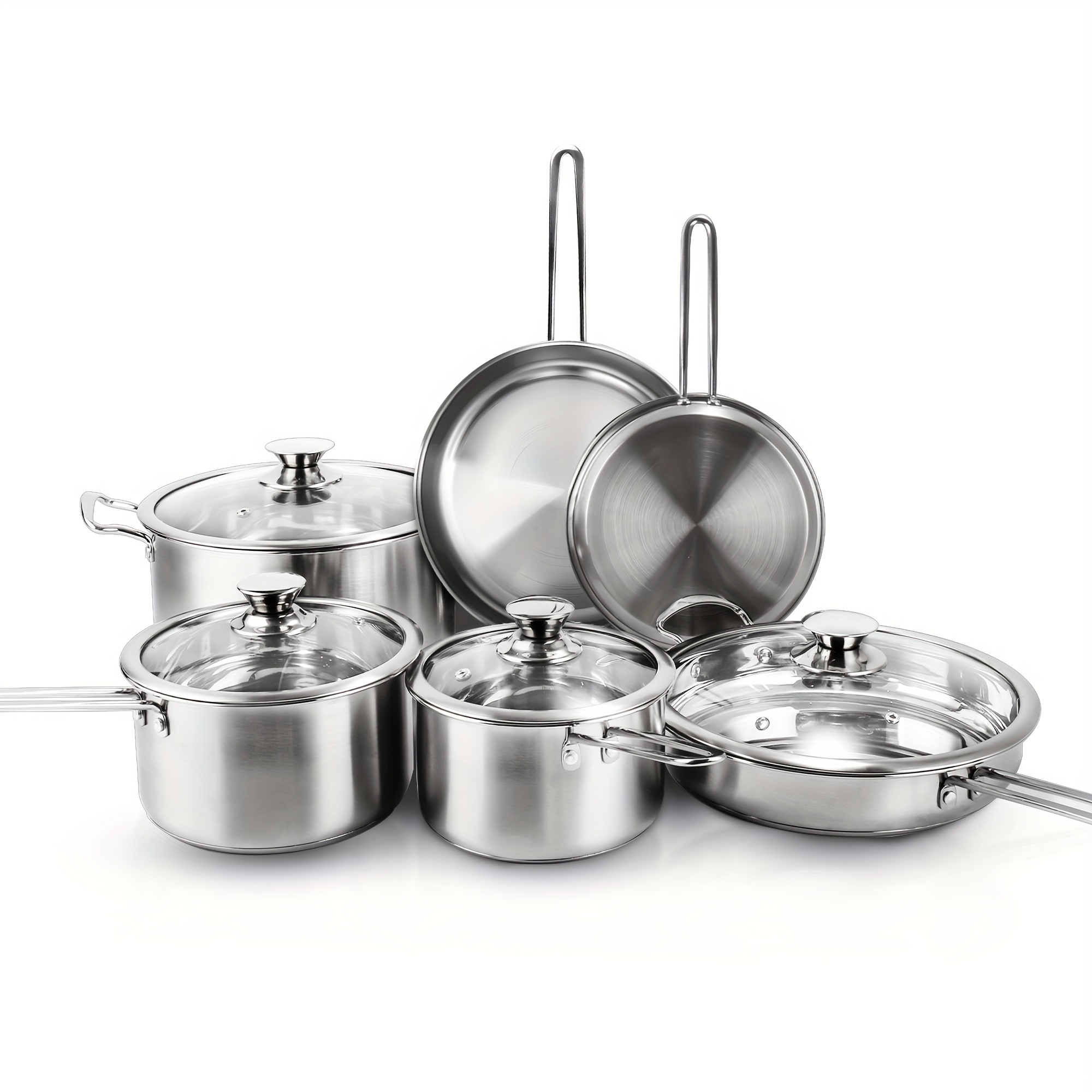 10 Pieces Stainless Steel Pots And Pans Set - Kitchen Cookware Sets, Induction Compatible - For All Stovetops - Suitable for Everyday Cooking - Ideal Gift for New Homeowners & Cooking Enthusiasts