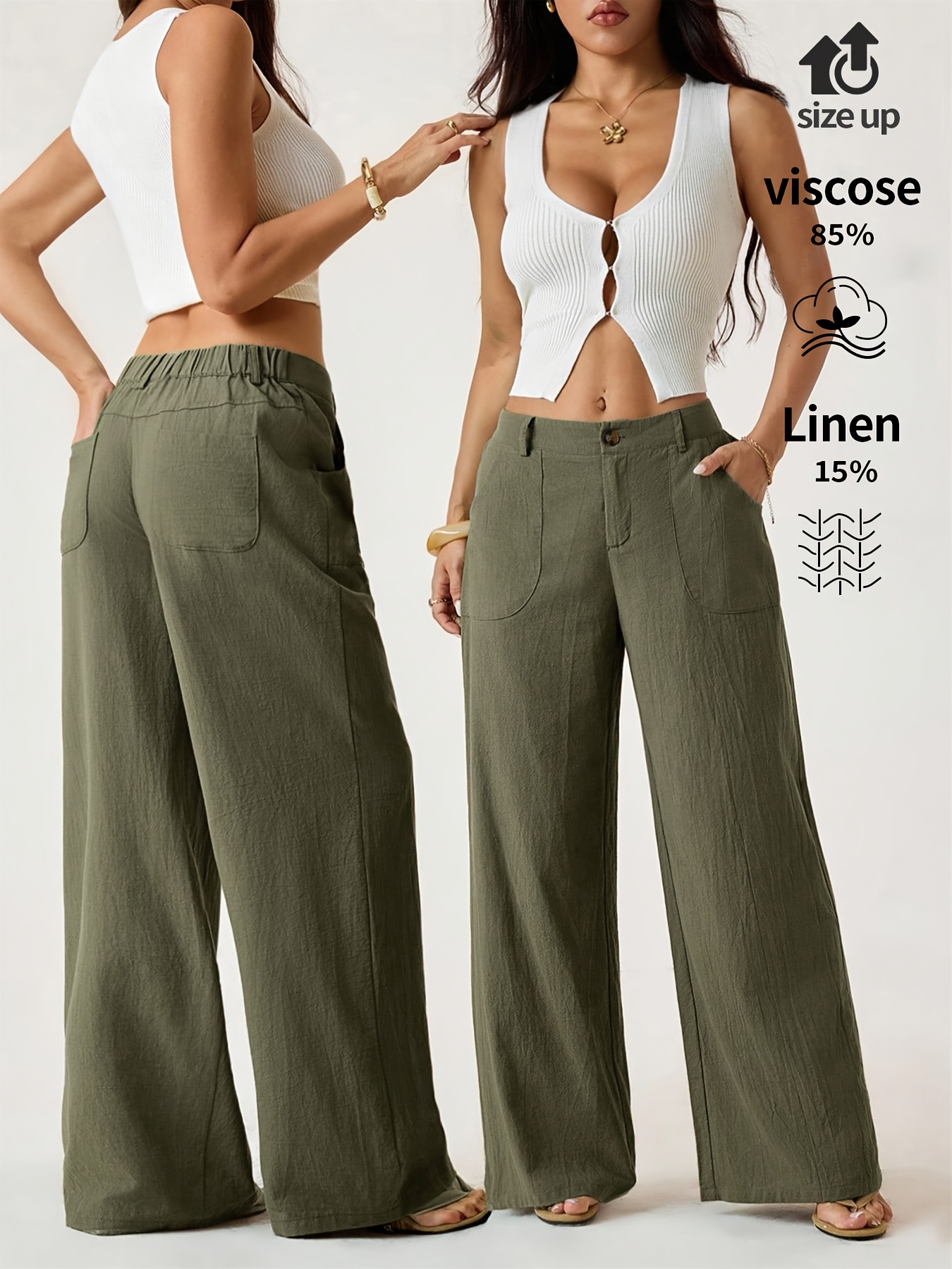 Linen Wide Leg Pants Women's High Waisted Summer Trousers, French Vintage Breathable Loose Casual Pants for Vacation