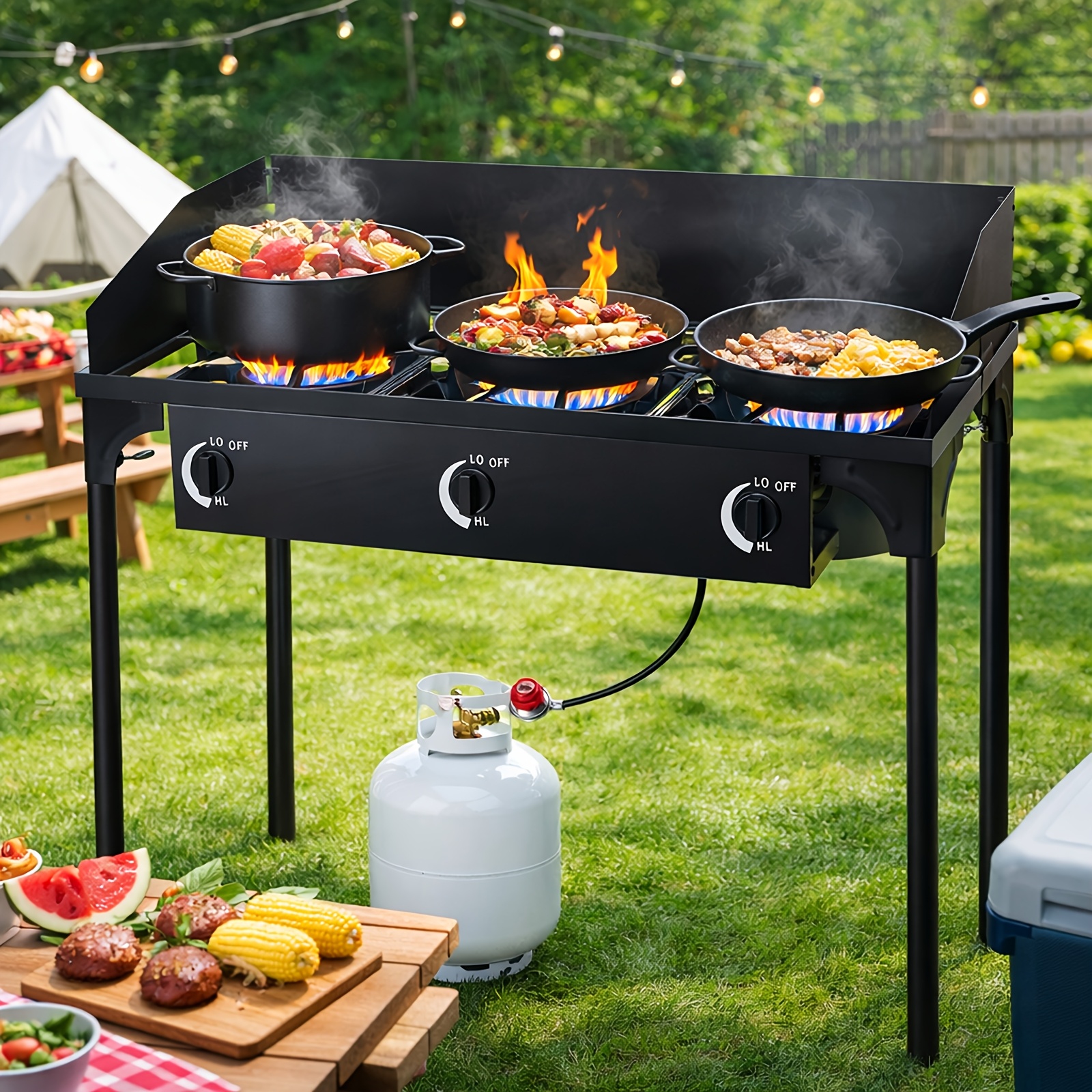 Cast Iron Outdoor Gas Stove | Portable Propane Cooktop with Blue Flame Control, Removable Legs, Temperature Control Knobs, Wind Panel, Hose, Regulator & Storage Carry Case
