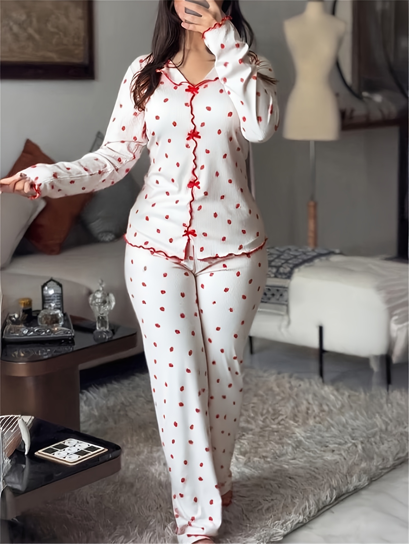 2pcs Strawberry Print Bow-Decorated Lapel V-Neck Ruffled Top and Elastic Waist Pants Casual Ribbed Pajama Set - Image 2