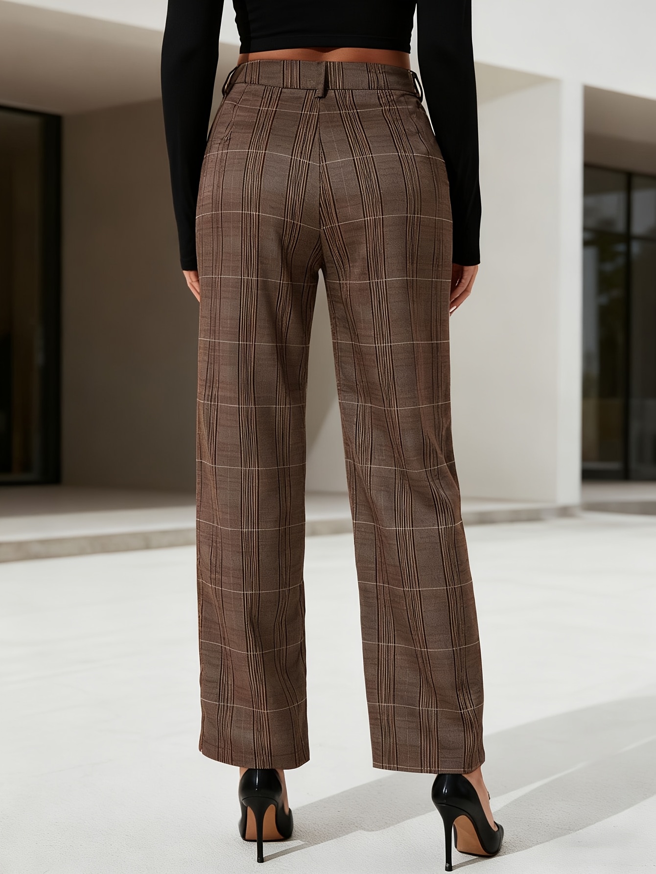 Coffee Brown Plaid Mid-Waist Dress Pants Women'S Formal Office Trousers Mid-Season Wardrobe Essential - Image 3