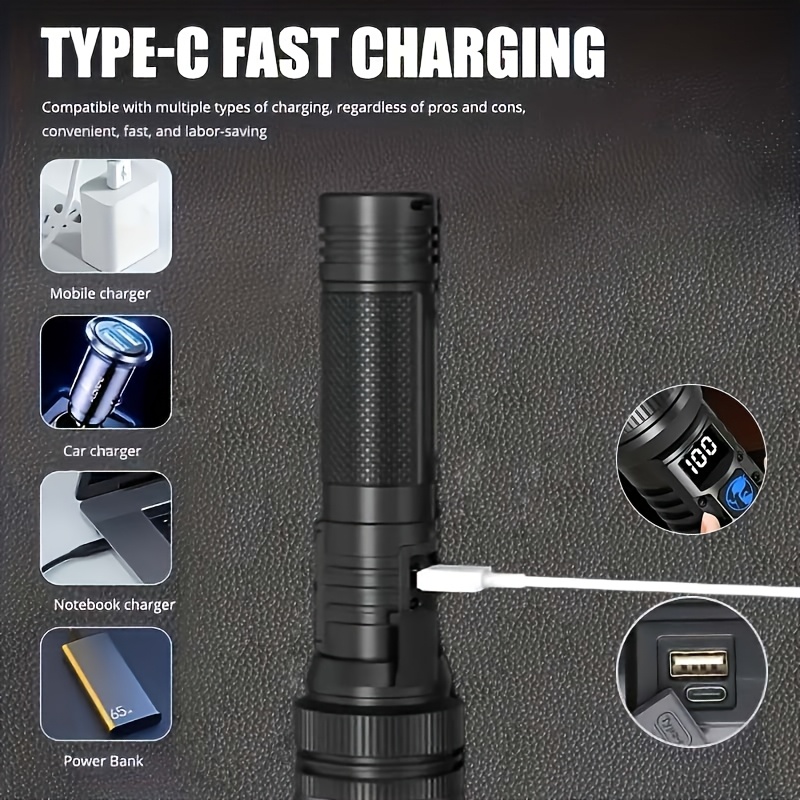 1X Super Bright Rechargeable LED Flashlight - High Intensity Tactical Torch, USB Charging, 3 Modes, 1200Mah Long Lasting Battery Ergonomic Grip Design, Ideal for Camping, Hiking, Outdoor Adventure, Power Outage Emergency, Portable And Durable, IP44 - Image 3
