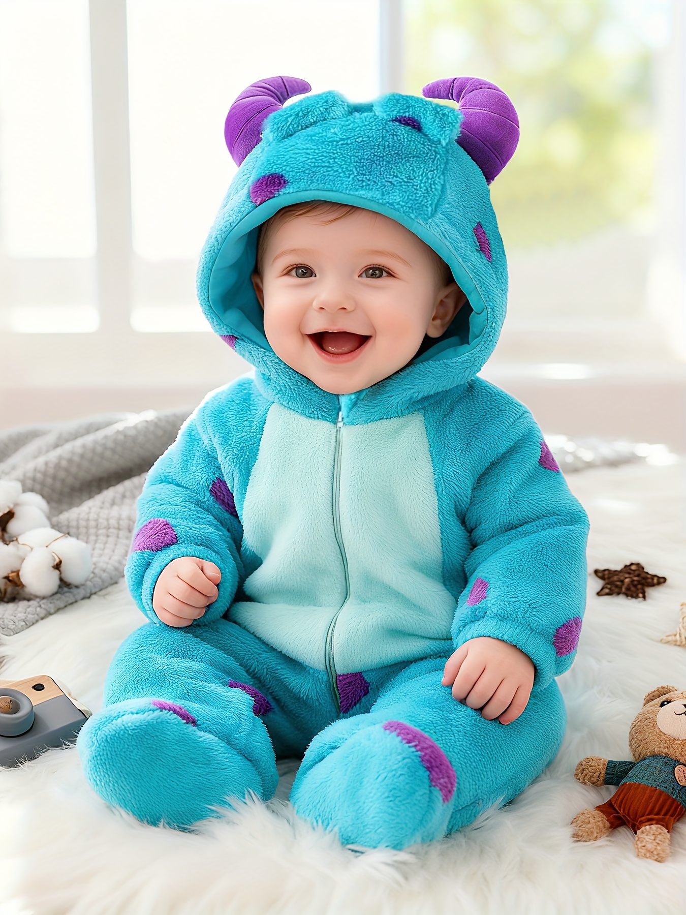 Cute Plush Onesie for Baby Girls with Footed Design, Perfect for Autumn And Winter, Featuring a Cartoon Monster Theme Inspired by Sulley for Warmth And Comfort, for Outdoor - Image 3