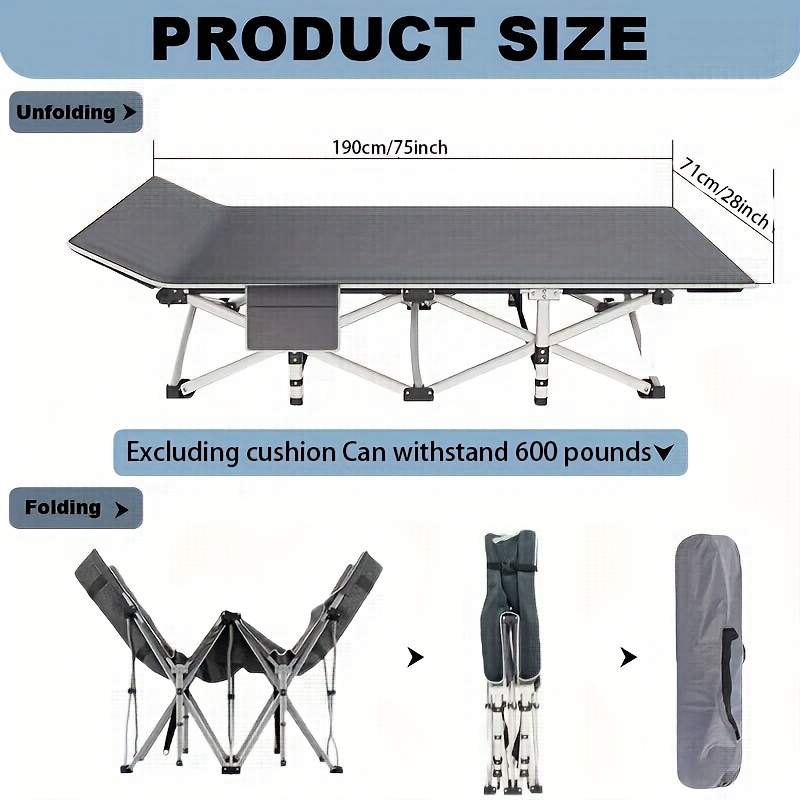 75 Inch Outdoor Folding Bed, Extra-Large And Thickened Camping Bed with Or Without Flip Mattress, Portable Foldable Guest Bed, 450/500/600 Pound Load-Bearing Capacity, Heavy-Duty Camping Cot with Handbag, Suitable for Adults, Outdoor Solely - Image 4