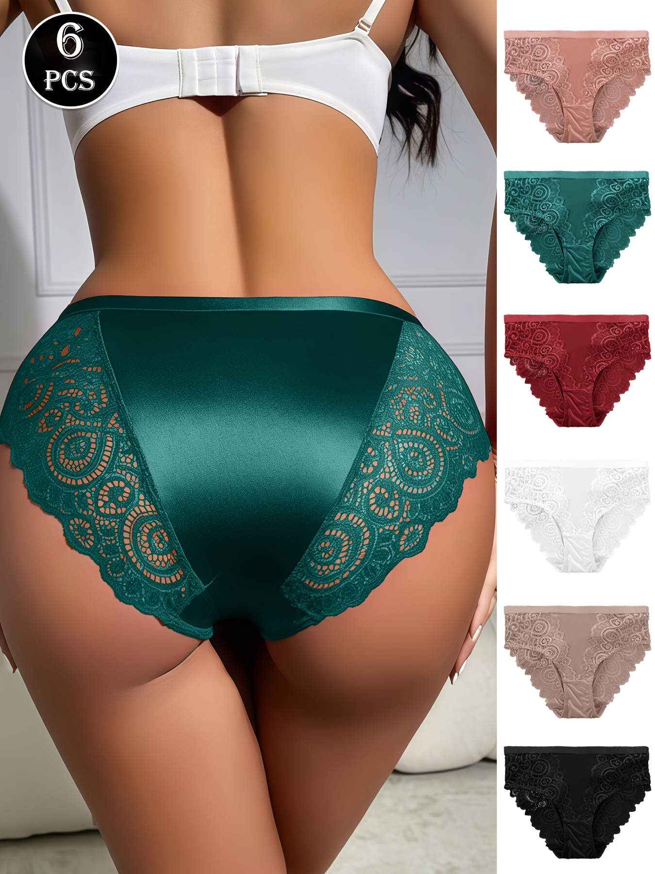 6-Pack Floral Mid-Rise Women'S Panties -Stretchy, Comfortable, And Breathable Underwear Featuring Contrasting Floral Accents, A Solid-Color Mid-Rise Design, And A Smooth Texture; Suitable for Yoga, Workouts, And Casual Sports.