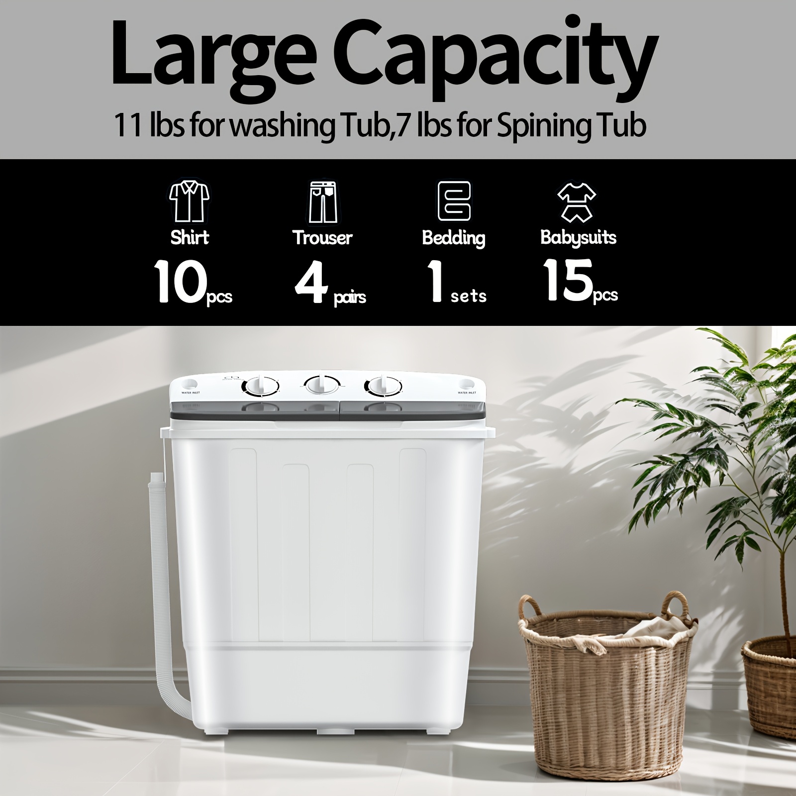 19lbs Capacity Compact Mini PortableDouble Drum Washer Free 7 Hangers And 1Drying Rod - Saves Space, 1300RPM, Saves Energy AndTakes Care Of Your Clothes - Great for Smallloads, Camping And Caravanning! - Image 4