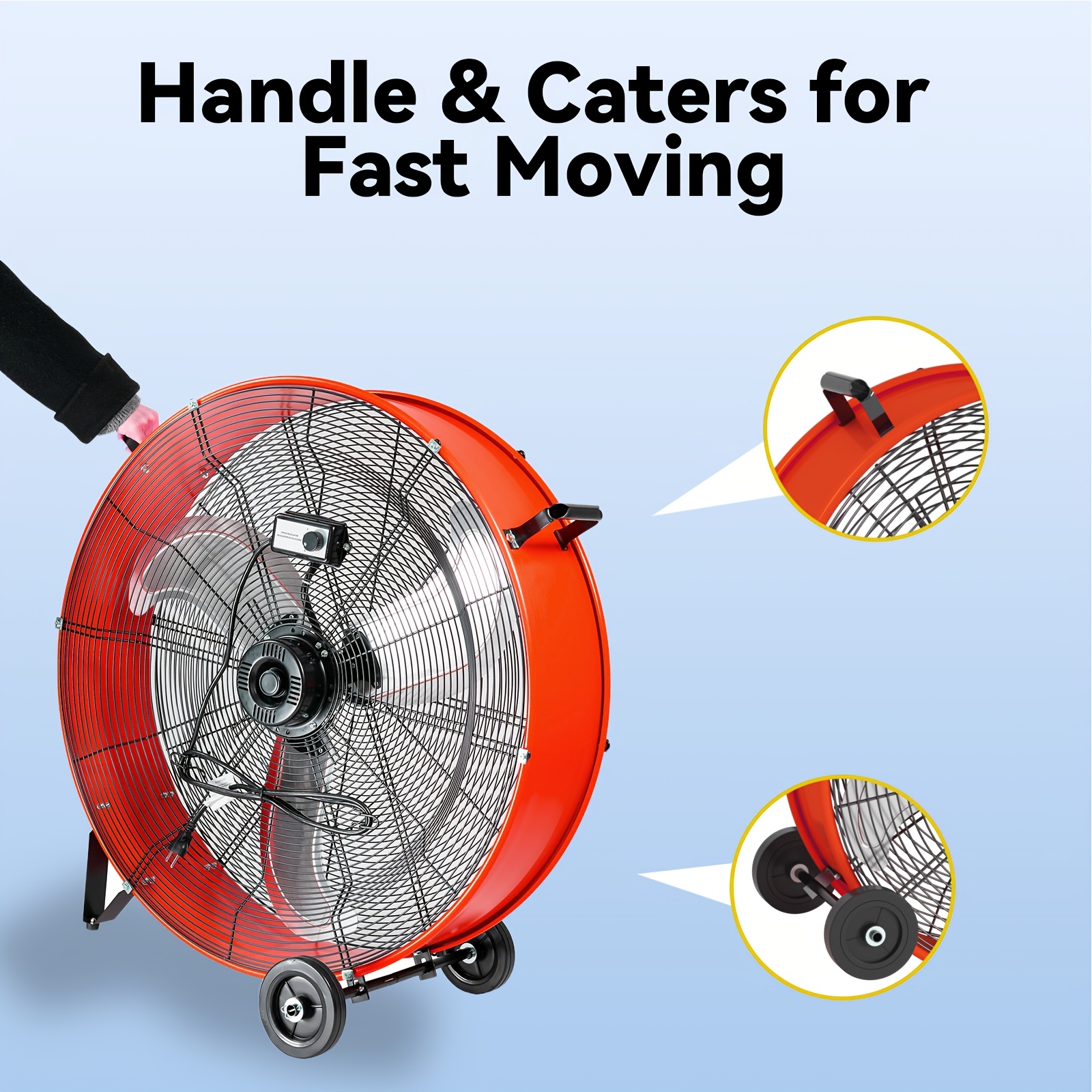 18/30" Floor Fan Regenerative Blower, 14000 CFM High Velocity, 3-Speed, 5in Solid Wheel, Adjustable Tilt Mobile Industrial Floor Fan, Suitable for Construction, Construction Site, Garage, Open Air, Residential, Ideal for Home Improvement - Image 12