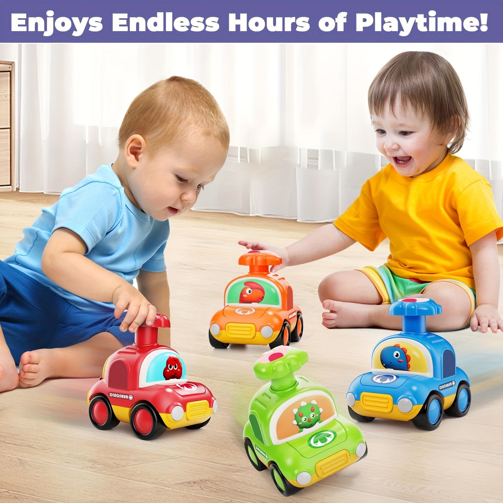 Push & Go Dinosaur Taxi Car - Manual Pull-Back Friction Motorized Toy Vehicle, No Batteries Needed, for Toddlers & Kids Ages 18 Months+, Birthday/Christmas/Easter Gift (Red, Green, Blue, Yellow,) - Develops Motor Skills & Coordination, Toddler Play Cars, Dinosaurthemed Cars, Nonelectric Cars - Image 9