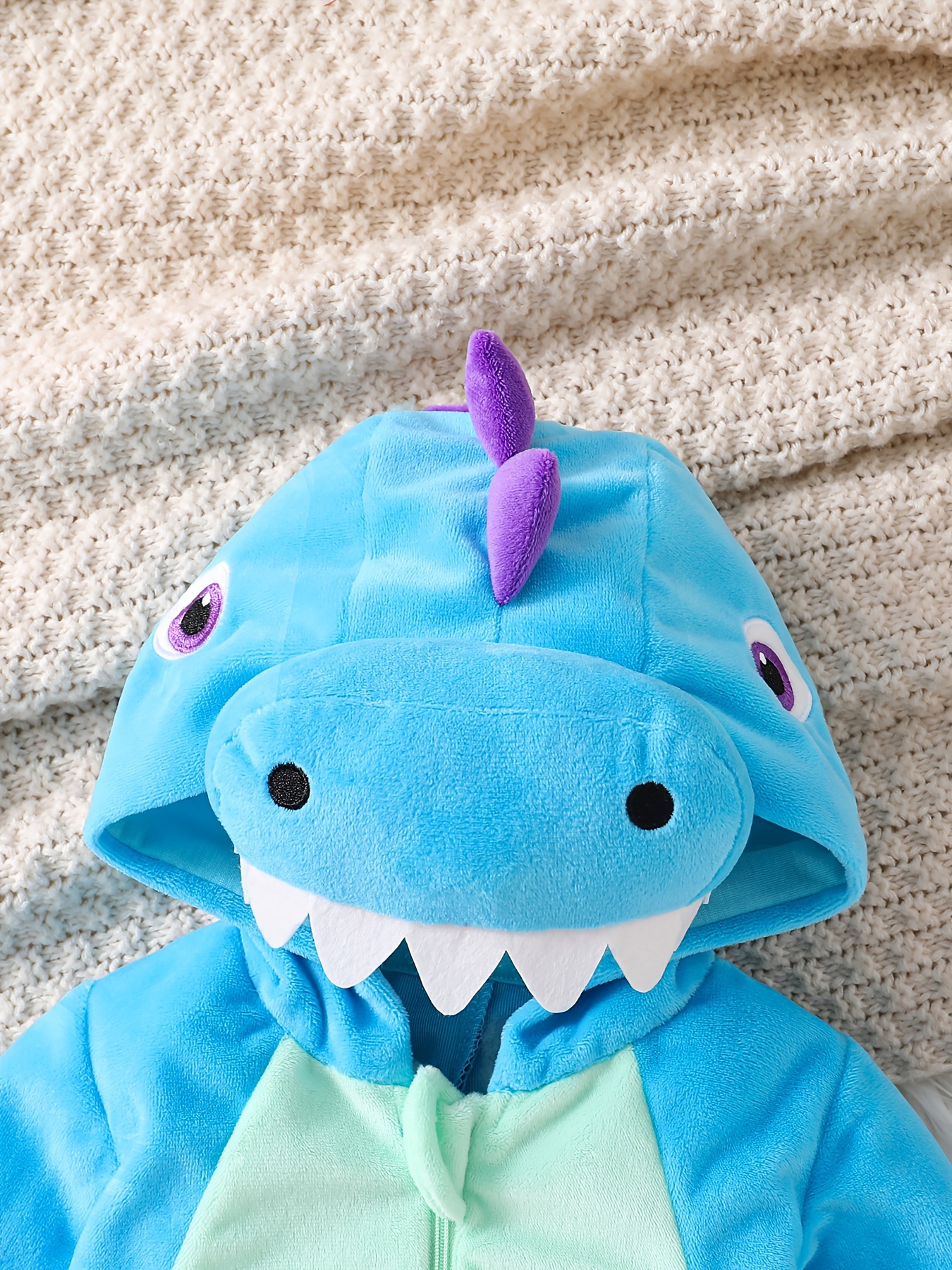 Autumn Winter Baby Warm Plush Romper, Cute Blue Purple Dinosaur Hooded Creeper with 3D Dorsal Fin Tail And Teeth Decoration, Unisex Blue Dinosaur Romper for Baby Outing Windproof Warm Bodysuit, Cute 3D Hooded Tail Warm Infant Crawling Outfit - Image 4
