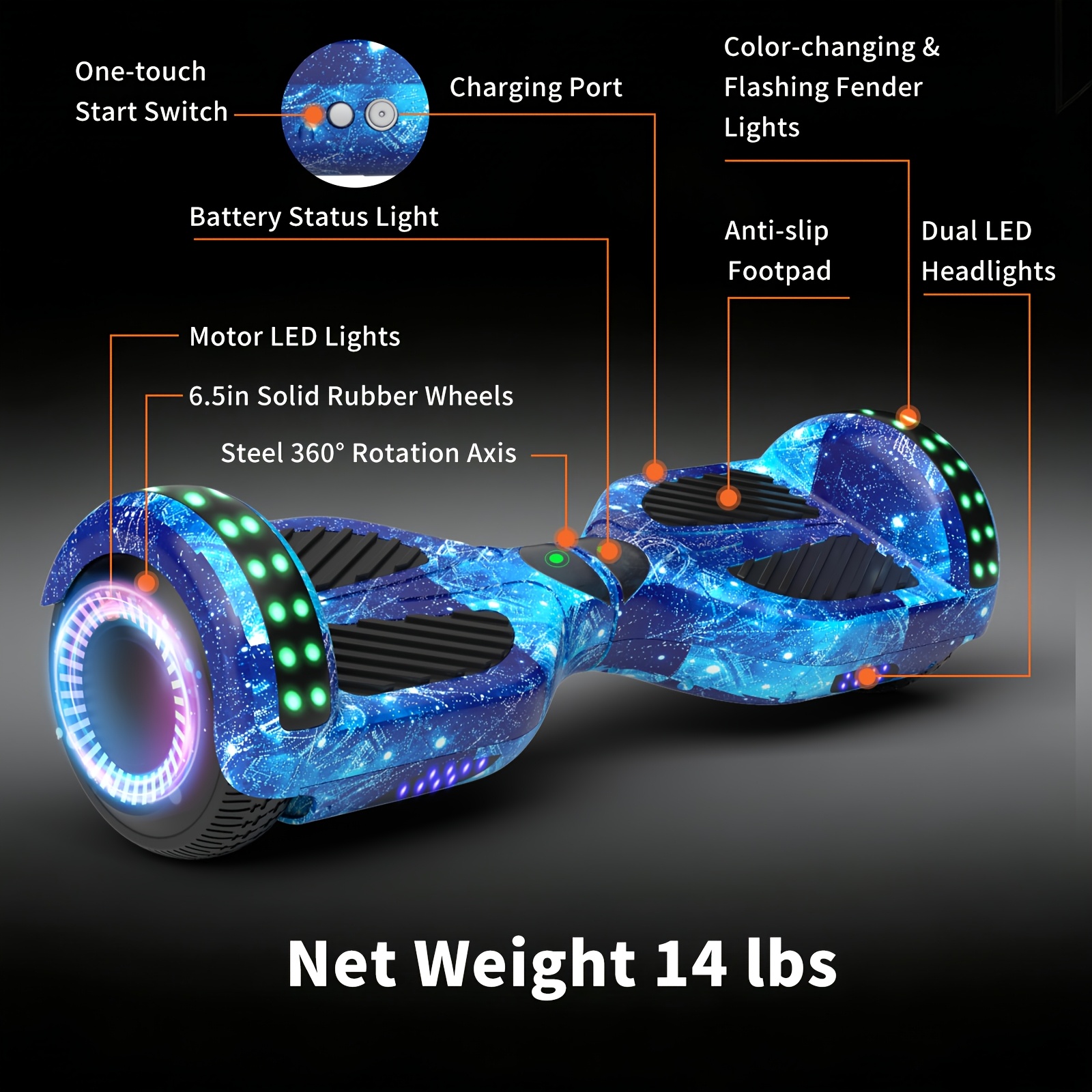 300W 7.5MPH Hoverboard for Kids, 7.5 Mile Range, 3H Charge, 6.5" Wheels, Bluetooth & Corlorful LED Lights, Ideal Gifts for Kids Boys & Girls, Available In Multiple Colors for Children, with Illuminated Wheels, Suitable for Outdoor, Practice Balance - Image 3