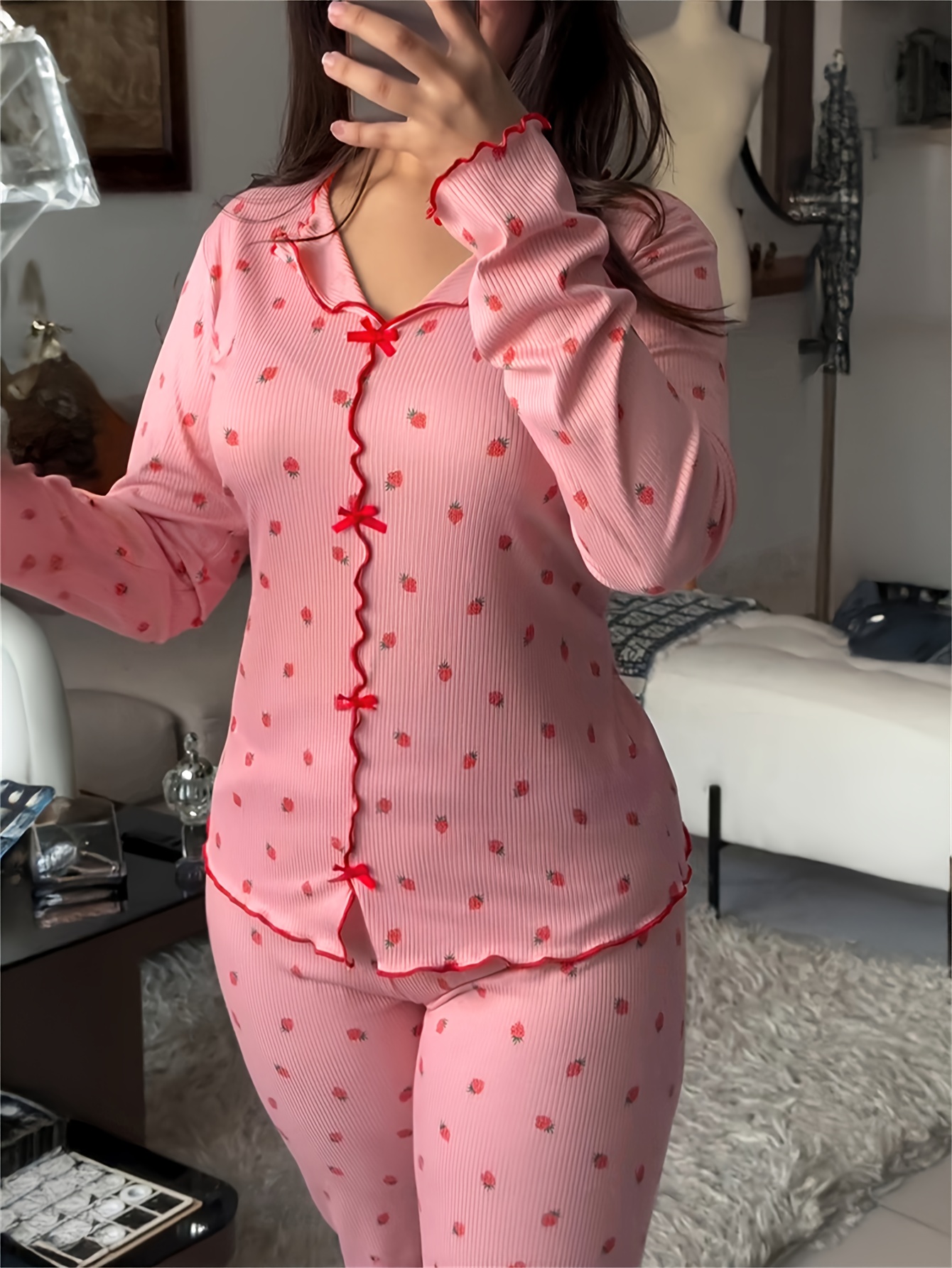 2pcs Strawberry Print Bow-Decorated Lapel V-Neck Ruffled Top and Elastic Waist Pants Casual Ribbed Pajama Set - Image 6