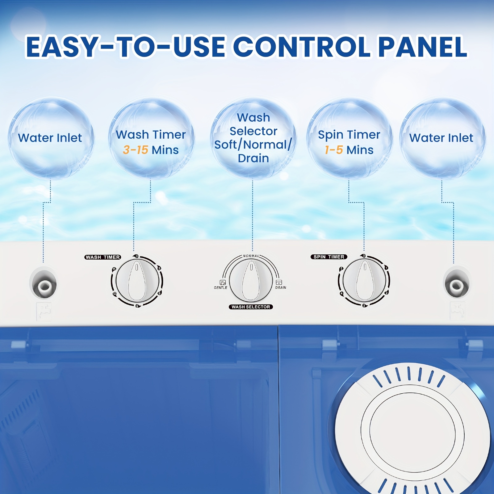 30Lbs Portable Washing Machine, Semi-automatic Compact Twin Tub Laundry Washer with Built-in Drain Pump, Time Control, 20Lbs Washer And 10Lbs Spin Dryer Combo for Apartments, Dorms, RVs - Image 7