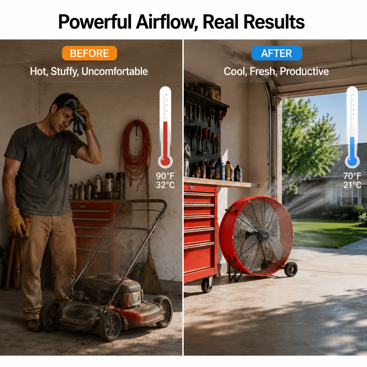 18/30" Floor Fan Regenerative Blower, 14000 CFM High Velocity, 3-Speed, 5in Solid Wheel, Adjustable Tilt Mobile Industrial Floor Fan, Suitable for Construction, Construction Site, Garage, Open Air, Residential, Ideal for Home Improvement - Image 10