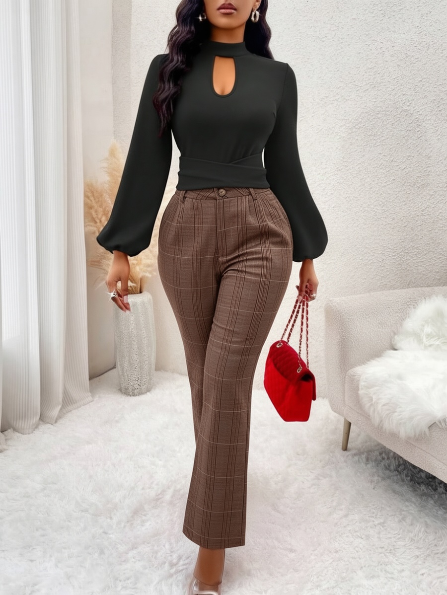 Coffee Brown Plaid Mid-Waist Dress Pants Women'S Formal Office Trousers Mid-Season Wardrobe Essential