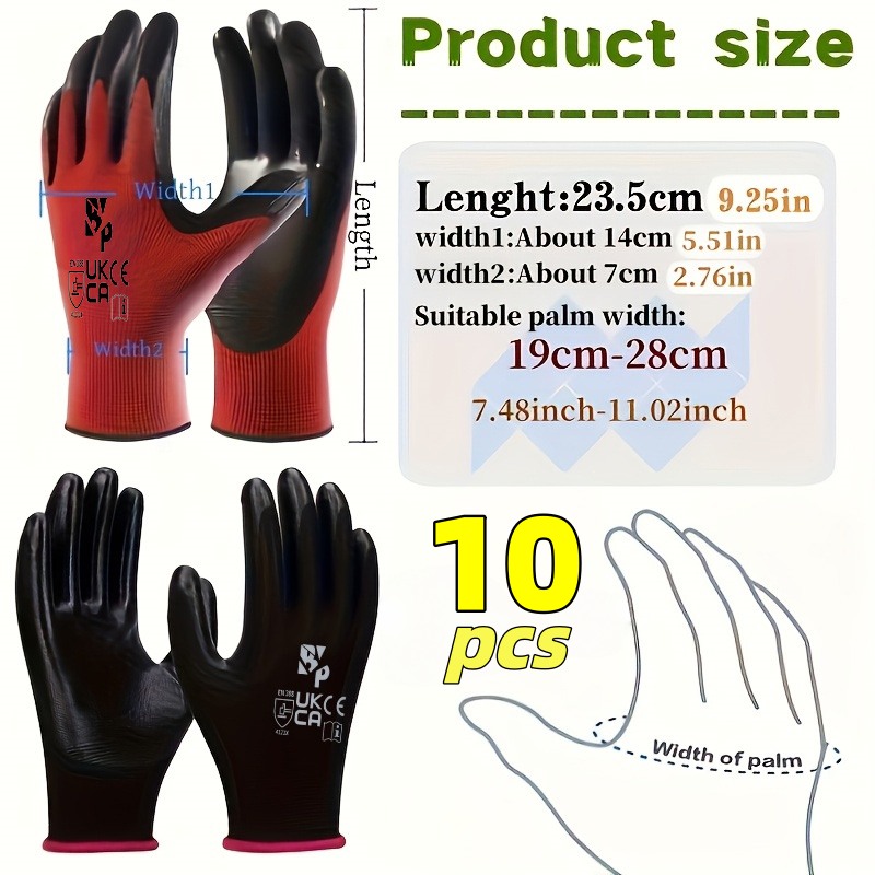 10pcs Heavy-Duty Coated Work Gloves, Labor Gloves, Gardening Gloves, Cycling Gloves, Horse Racing Gloves, Auto Gloves, Anti-Slip Gloves with Perfect Fit, Elastic Polyester Fabric Non-Slip Safety Gloves, Suitable for Various Outdoor Work Scenarios - Image 7