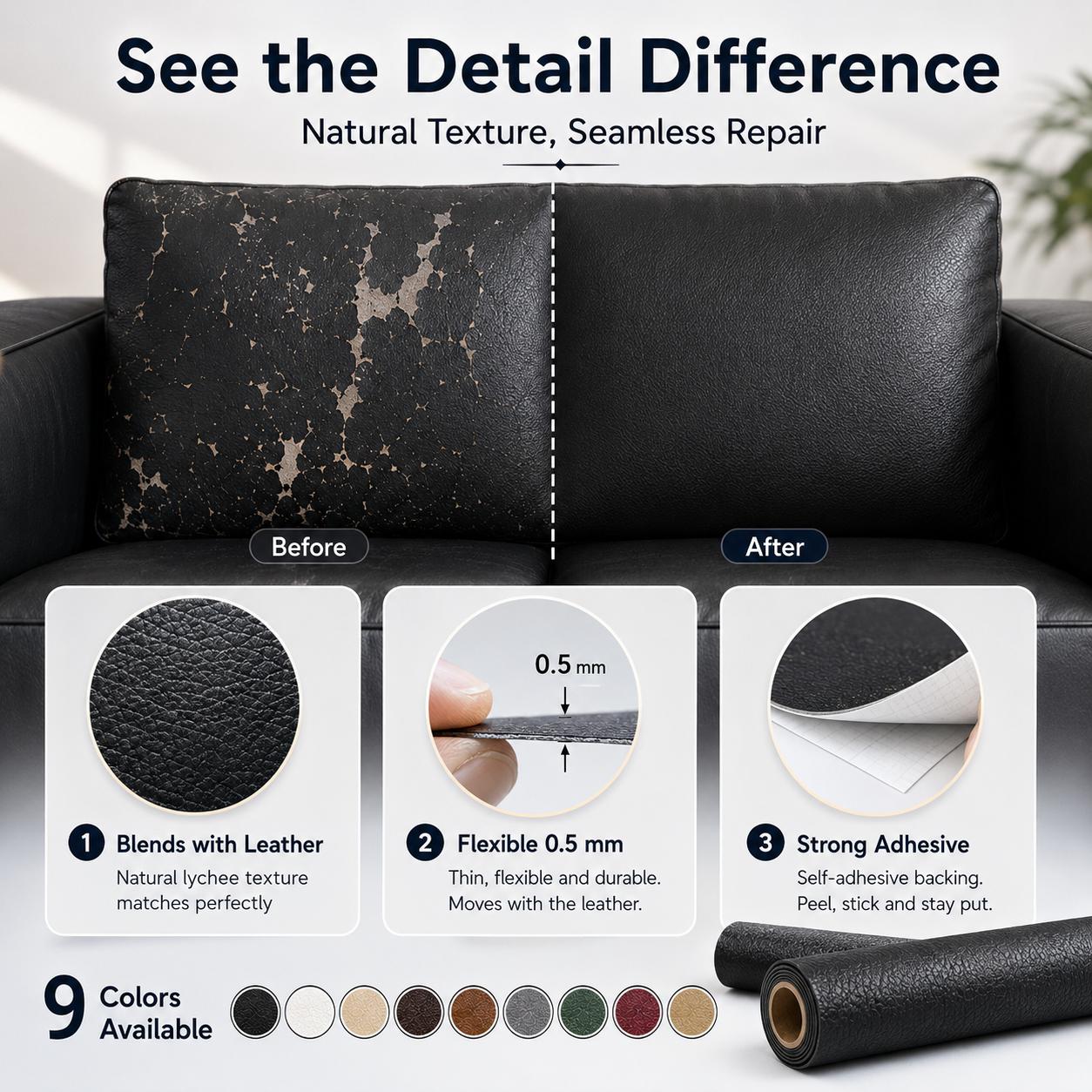 1 Roll Self-Adhesive Leather Repair Patches, Multicolor Leather Sofa Repair, Car Seat Damage Repair Stickers, Thickened Wear-Resistant And Freely Cuttable, Self-Adhesive Backing Suitable for Leather Sofas, Chairs, Headboards - Image 6