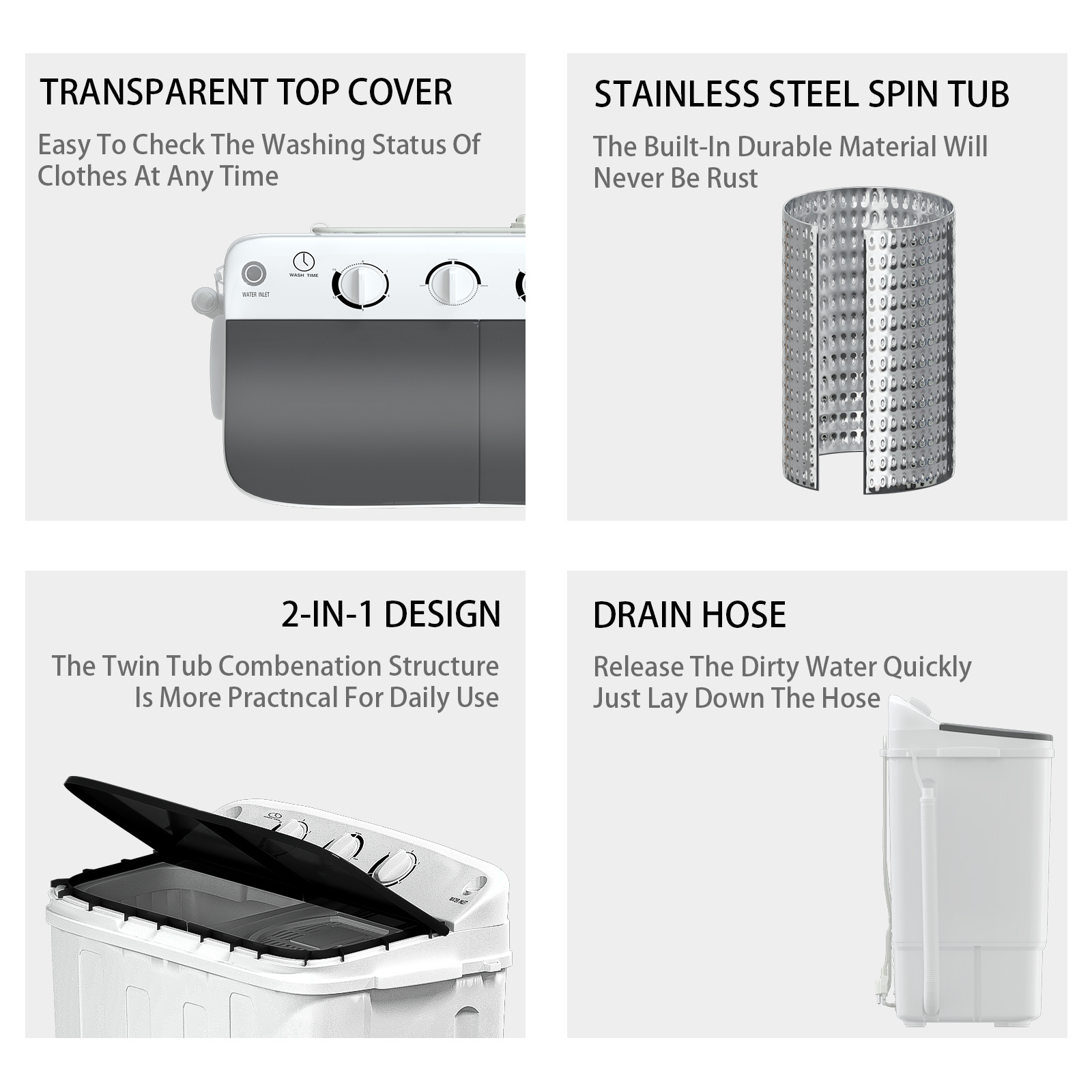 18/ 22/ 32Lbs Capacity Compact Mini Portable Double Drum Washer, Washing Machine, Free 8 Hangers And 1 Drying Rod - Saves Space, 1300 RPM, Saves Energy And Takes Care of Your Clothes - Great for Small Loads, Camping And Caravanning, Christmas Gift - Image 8