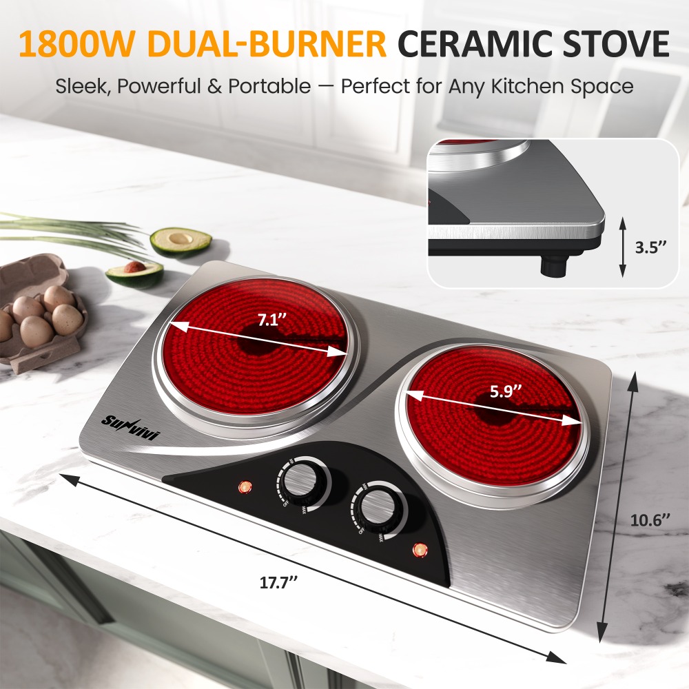 1800W Dual Burner Portable Electric Ceramic Stove: Knob Control, Indicator Light, Compatible with All Cookware, Ideal for Multiple Cooking Scenarios, Silver Electric Cooktop, Portable Stove, Countertop Burners, Silver - Image 6