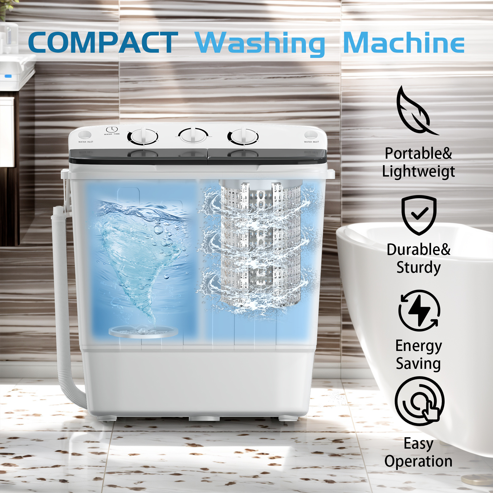 18/ 22/ 32Lbs Capacity Compact Mini Portable Double Drum Washer, Washing Machine, Free 8 Hangers And 1 Drying Rod - Saves Space, 1300 RPM, Saves Energy And Takes Care of Your Clothes - Great for Small Loads, Camping And Caravanning, Christmas Gift - Image 6