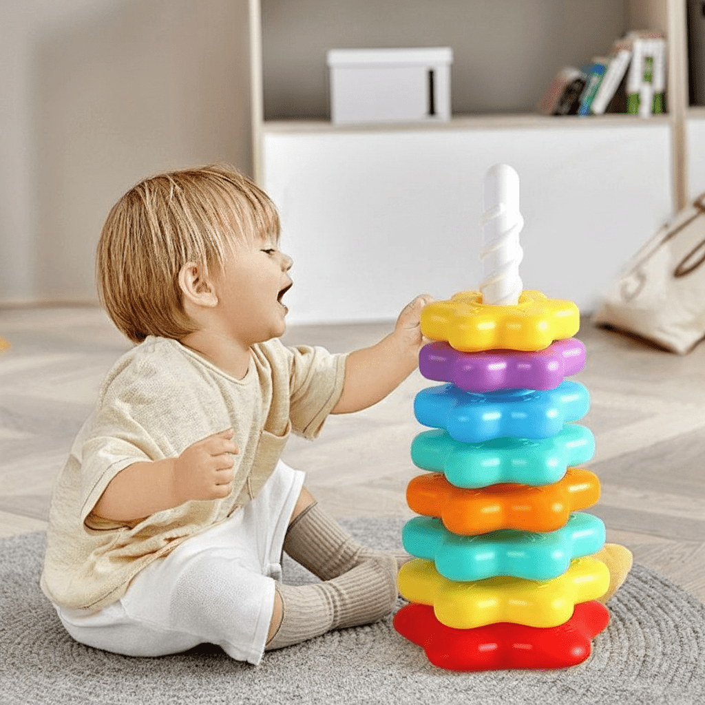 6-Layer Rainbow Spinning Stacking Tower, Kids Party & Christmas Gift, Back to School & School Supplies. Unisex Pretend Play Toy, Ideal for Parties and Holidays. Boosts Interaction, Trains Hand-eye-foot Coordination. Random Colors & Styles. - Image 6