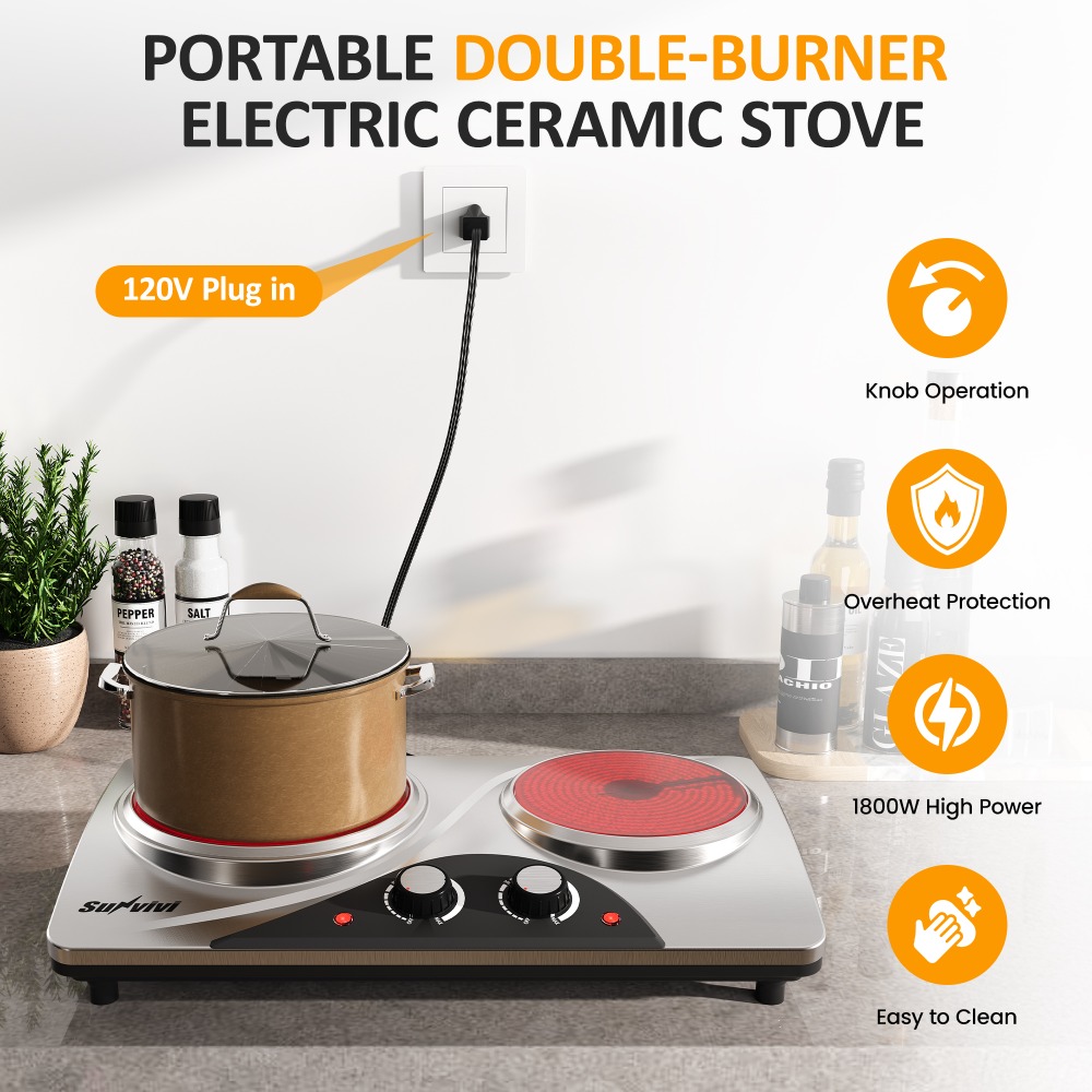 1800W Dual Burner Portable Electric Ceramic Stove: Knob Control, Indicator Light, Compatible with All Cookware, Ideal for Multiple Cooking Scenarios, Silver Electric Cooktop, Portable Stove, Countertop Burners, Silver - Image 8