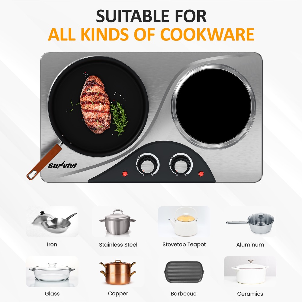 1800W Dual Burner Portable Electric Ceramic Stove: Knob Control, Indicator Light, Compatible with All Cookware, Ideal for Multiple Cooking Scenarios, Silver Electric Cooktop, Portable Stove, Countertop Burners, Silver - Image 7