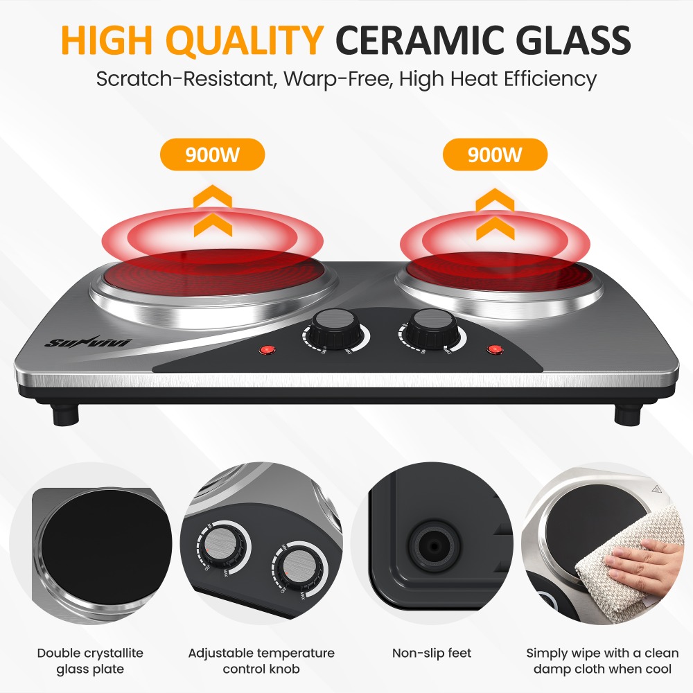 1800W Dual Burner Portable Electric Ceramic Stove: Knob Control, Indicator Light, Compatible with All Cookware, Ideal for Multiple Cooking Scenarios, Silver Electric Cooktop, Portable Stove, Countertop Burners, Silver - Image 4